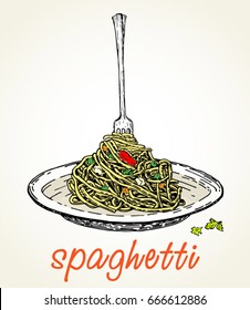 Pasta on fork and plate. Spaghetti vector illustration. 