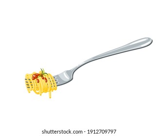 Pasta on fork. Spaghetti. Vector illustration flat cartoon icon isolated on white background.