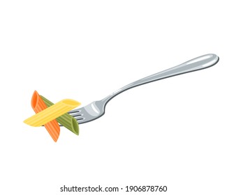 Pasta on fork. Tricolor penne. Vector illustration flat cartoon icon isolated on white background.