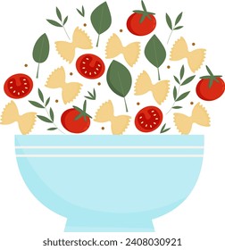 Pasta on a plate. Farfalle with basil and tomatoes on a dish. Vector illustration on white background