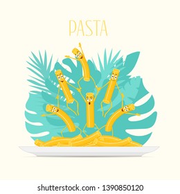 Pasta on a plate. Funny pasta, cartoon characters smile and laugh on leaves background. Vector illustration
