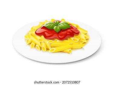 Pasta on plate with ketchup. Macaroni. Basil leaf. Traditional italian food. Isolated on white background. Eps10 vector illustration.