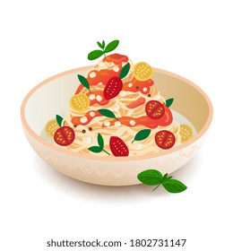 Pasta on a plate with tomato sauce. Spaghetti dish with cheese, basil and tomatoes. Vector illustration on white background