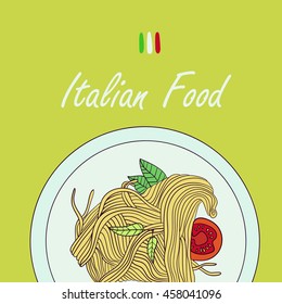  pasta on the plate with tomato slices.&  basil.   Italian dinner and lunch Spaghetti - menu or restaurant card