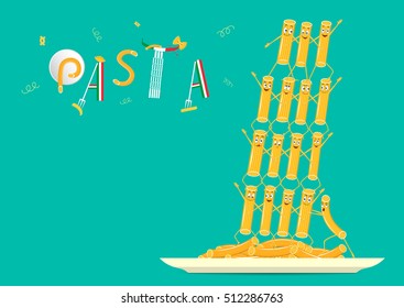 Pasta on a plate vector. Funny cartoon pasta on a plate. Cartoon characters smiling and laughing. Funny pasta, food vector.