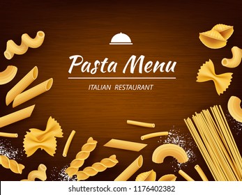 Pasta on table. Italian traditional food macaroni spaghetti fusilli with white flour for cooking vector realistic background. Macaroni and spaghetti food, italian pasta cooking illustration