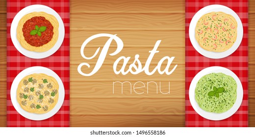 Pasta on wood  background. Pasta menu. Object for packaging, advertisements, menu. Vector illustration. Realistic.