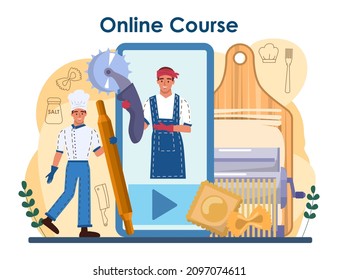 Pasta online service or platform. Italian food with cheese, meat and vegetable. Spaghetti, farfalle, fettuccine and ravioli pasta. Online course. Vector illustration