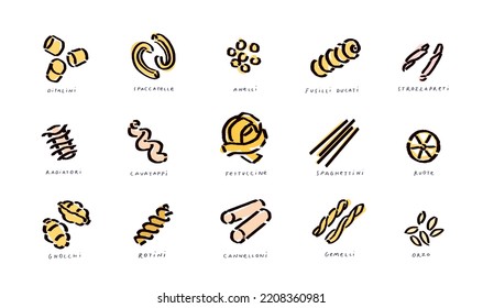 Iconos del contorno de la pasta, colección de doodle, conjunto de variedades de pasta