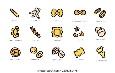 Pasta outline icons, doodle collection, pasta variety set