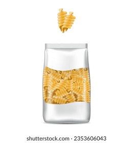 Pasta package. Pasta cellophane bag. 3D food pack. Italian cuisine cooking ingredient. Wheat flour product. Fusilli wrapper. Raw macaroni. Full white packet. Vector packaging mockup