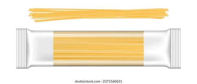 Pasta package. Realistic mockup. White blank packaging with transparent cellophane layer. Macaroni raw wheat flour product. Cooking ingredient. Container design. Isolated 3d vector illustration