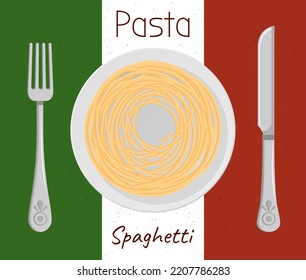 Pasta con queso parmesano y cocina italiana. Spaghetti servido sobre el fondo de la bandera nacional. Comida vectorial caliente en plato blanco, espagueti. Concepto de cena en café, gourmet, ingrediente nutricional