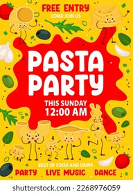 Volante de fiesta de pasta. Caricatura de personajes de pasta italiana Cartel vectorial sobre el fondo de la salsa de queso de tomate con aceitunas. Cocina italiana fusilli, conchiglie, fettuccine, macarrones y personajes ditalini