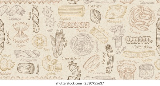 Padrão de massas. Fundo de alimentação vetor de papel artesanal italiano. Ilustração de rabiscar de esboço de macarrão sem costura. Desenho vintage na Itália. Contornar o plano de fundo do padrão de massa. Fusilli Gobetti Rigatoni Capellini