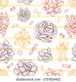 Pasta Pattern. Italian vector food seamless background. Macaroni sketch doodle illustration. Vintage drawing from Italy. Outline pasta icon art. Fettuccine Fusilli Gobetti 
Malloreddus Capellini Penne