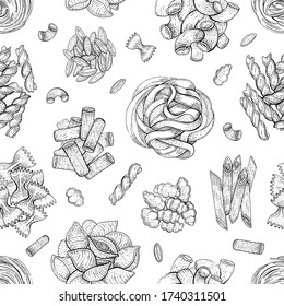 Pasta Pattern. Italian vector food seamless background. Macaroni sketch doodle illustration. Vintage drawn from Italy. Black outline pasta art. Fettuccine Fusilli Gobetti 
Malloreddus Capellini Penne
