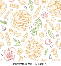 Pasta Pattern. Italian vector food seamless background. Macaroni sketch doodle illustration. Vintage drawing from Italy. Outline pasta Fettuccine Gobetti with tomato, olive, bay leaf, garlic, pepper