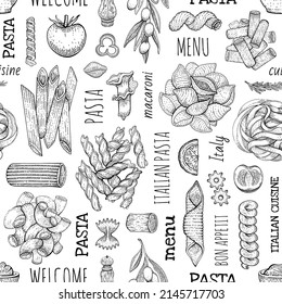 Pasta Pattern. Italian vector food seamless background. Macaroni sketch doodle illustration. Vintage drawing from Italy. Outline pasta Fettuccine Gobetti. Background with italian pasta restaurant menu