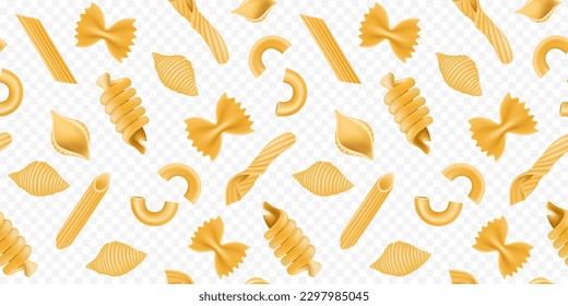 Pasta-Muster, Penne und Makkaroni, Nudelhintergrund. Italienisches Essen, Retro-Küchenstruktur für Restaurant- und Produktverpackung, traditionelle Küche Produktion. Vectornahtloses Design