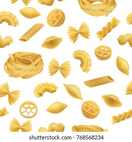Nudelmuster nahtlos, realistischer Stil. Hintergrund italienischer Mehlprodukte. Vektorgrafiken Fettuccini, Spaghetti, Cannelloni, farfalle concept