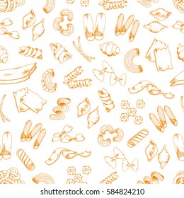 Pasta pattern of seamless vector sketch macaroni and spaghetti, pappardelle and lasagna, tagliatelle and ravioli or fettuccine, penne or farfalle and italian cuisine creste gallo, stelle and filini