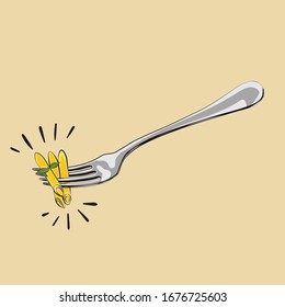 Pasta. Penne on a fork with basil and sauce, for menu and design, vector. Italian Cuisine.