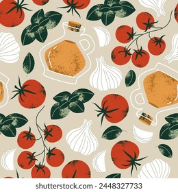 Pasta and pesto ingredients. Seamless pattern with tomato and olive oil with basil and garlic