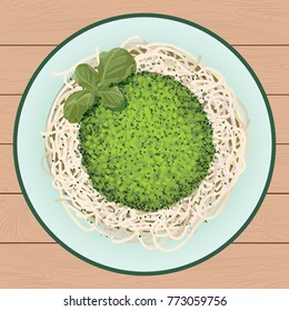 Pasta with pesto sauce. The dish is on a wooden surface. Top view. Vector illustration.