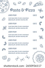 Pasta and pizza menu template with hand drawn outline food. Perfect for cafe flyer, restaurant brochure, delivery booklet. Vector illustration