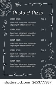 Modelo de menu de massa e pizza com mão desenhado esboço comida no fundo azul escuro. Perfeito para panfleto de café, brochura de restaurante, livreto de entrega. Ilustração vetorial