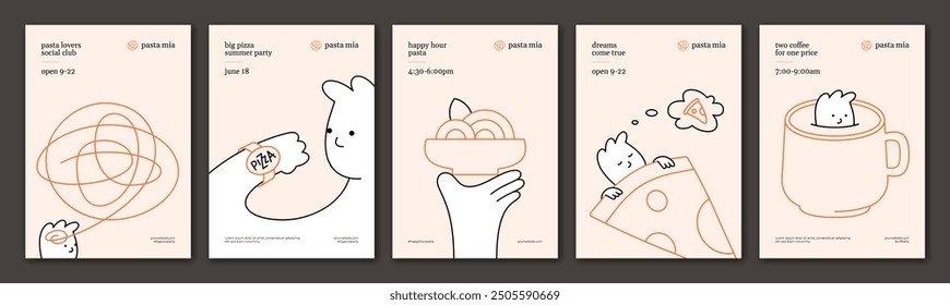 Pasta and pizza poster set. Cute cartoon character food illustration. Vector noodle ramen design concept. Spaghetti banner background. Templates for italian, asian, chinese, restaurant, cafe, pizzeria