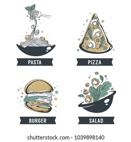 Pasta, pizza, salad and burger, hand drawn sketch with lettering composition for yout logo, emblem, label