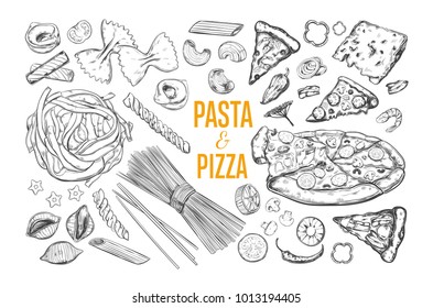 Pasta and Pizza set. Italian Food. Vector hand drawn isolated objects. Sketch icons