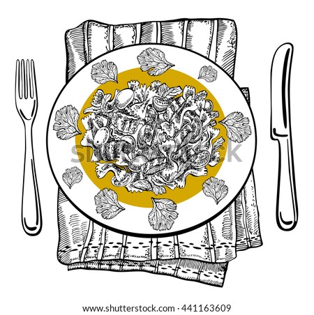 Pasta plate with chicken breast, cherry tomatoes, iceberg lettuce and parsley. Hand drawn graphic vector illustration. Great for menu, banner,  business promote.