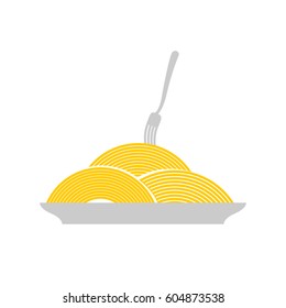 Pasta in plate and fork isolated. Spaghetti Food sign