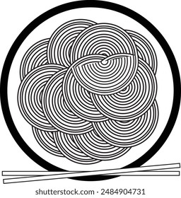 pasta plate top view icon black and white ,Chinese food doodle with chopsticks illustration in vector.