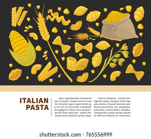 Pasta poster design for Italian food cuisine or macaroni and spaghetti restaurant.
