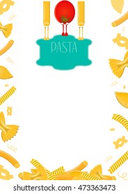 Pasta poster vector composition. Funny, cute pasta and tomato holding sign. Funny pasta, food vector. Vector illustration.