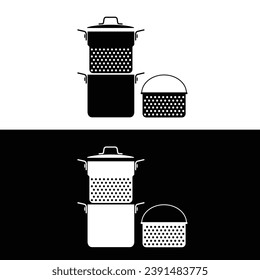 Pasta pot silhouette flat vector isolated on black and white background. Cookware black and white icon for web, tag, label, sticker. Kitchenwares. Cooking utensils