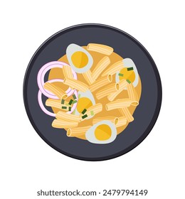 Pasta. purple onion, spring onion, quail egg, cheese Recipe. Pasta rigatoni in flat style isolated on white background. Dish on Plate, top view. Design for menu cafe, cooking class, recipe, cookbook