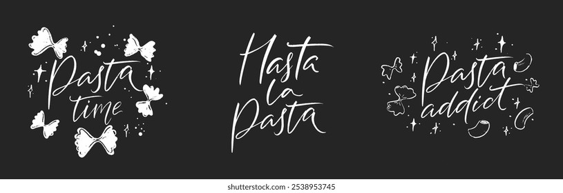 Conjunto de citas de pasta, caligrafía manuscrita, inscripciones divertidas para el menú de la cafetería y el restaurante.