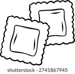 Pasta ravioli, simple black and white icon in doodle and sketch style. Hand-drawn illustration of square stuffed pasta for Italian culinary design and filled pasta dishes