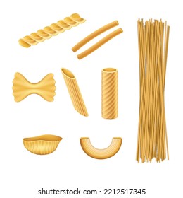 Pasta realistic set. Italian food farfalle fusilli macaroni cook ingredients of traditional cuisine. Italian cuisine, food macaroni, fusilli and penne. 3d vector illustration