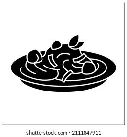 Pasta recipes glyph icon. Cajun chicken pasta. Tasty dish with chicken breast and cream sauce. Food trends concept. Filled flat sign. Isolated silhouette vector illustration