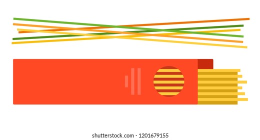 Pasta in a red paper box and colored spaghetti near vector flat material design isolated on white