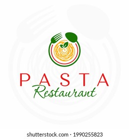 Pasta restaurant logo. Italian restaurant logo. Circle spoon and fork. Italian food. Spaghetti.