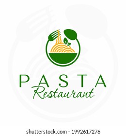 Pasta restaurant logo. Italian restaurant logo. Circle spoon and fork. Italian food. Spaghetti.