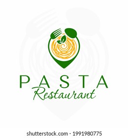 Pasta restaurant logo. Italian restaurant logo. Location pin spoon and fork. Italian food. Spaghetti.