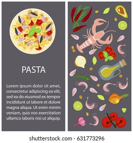 Pasta restaurant menu template with different food ingredients. Vector illustration eps 10